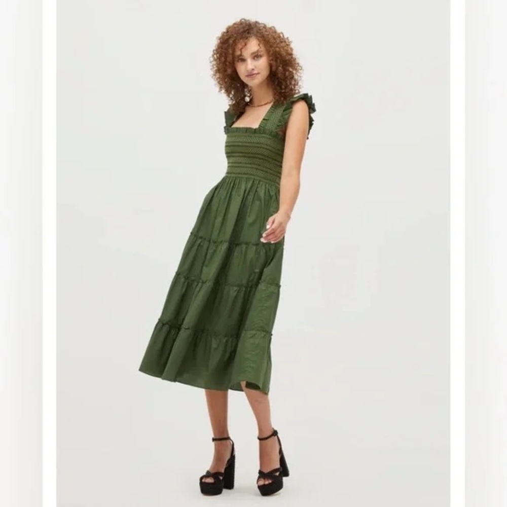 Hill House Olive Green Smocked Tiered Midi Dress